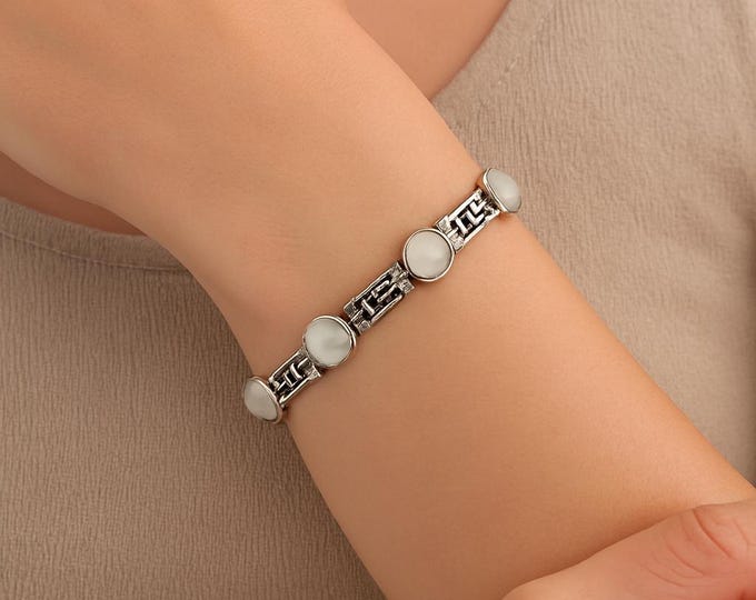 Art Deco Sterling Silver Bracelet, Mother of Pearl & Marcasite