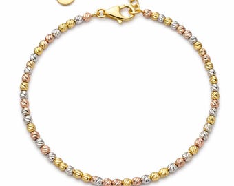 Tri Color Gold Plated Sterling Silver Beaded Bracelet, Dainty Minimalist Jewelry