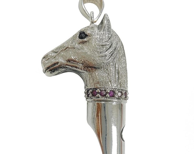 Antique Style Ruby Emerald Horse Dog Whistle Pendant 925 Sterling Silver Dog Lover Gift