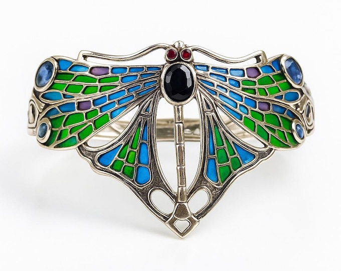 Art Nouveau Inspired Plique a Jour Sapphire and Ruby Dragonfly Cuff Bracelet 925 Sterling Silver