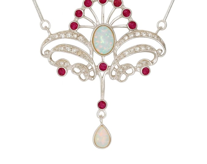 Art Deco Opal and Ruby Necklace Sterling Silver Filigree Pendant with Opal Drop, Antique Style Statement Jewelry