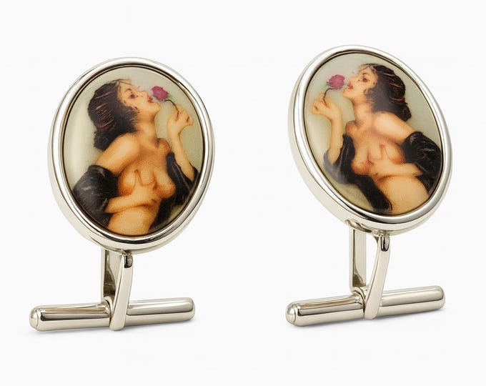 Vintage Erotic Enamel Cufflinks Nude Lady with Rose Oval Silver T-Bar Cuff Links Retro Art Nouveau Gentleman’s Accessories