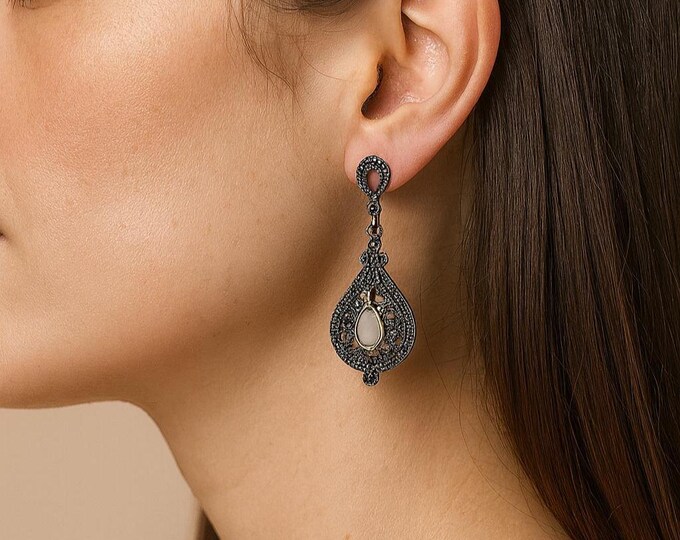 925 Sterling Silver Dangle Earrings with Mother of Pearl Teardrop Stone Vintage Inspired Drop Earrings, Boho Statement Jewelry
