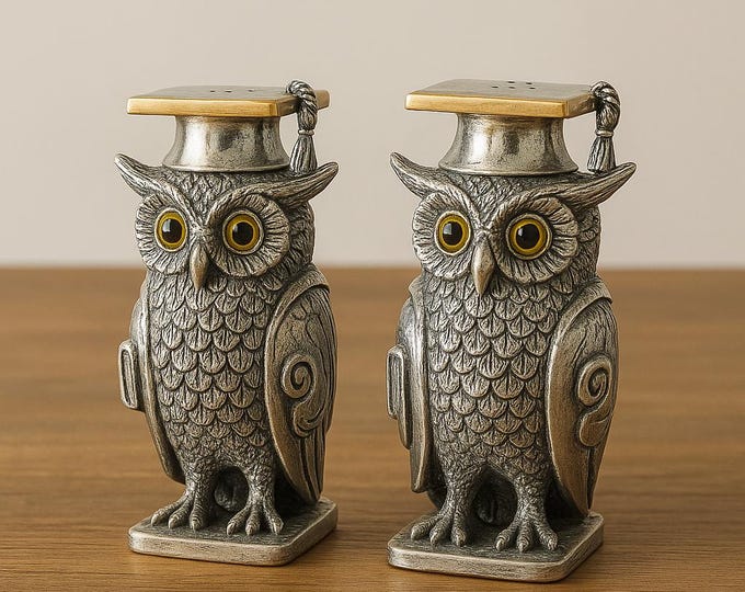 Vintage Silver Plated Owl Salt & Pepper Shakers Graduation Cap and Scroll Design Wise Owl Collectible Kitchen Tableware Gift