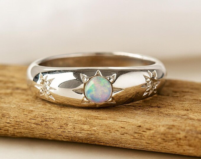 Opal and Cubic Zirconia Star Ring 925 Sterling Silver Celestial Band Unique Opal Jewelry Gift for Her