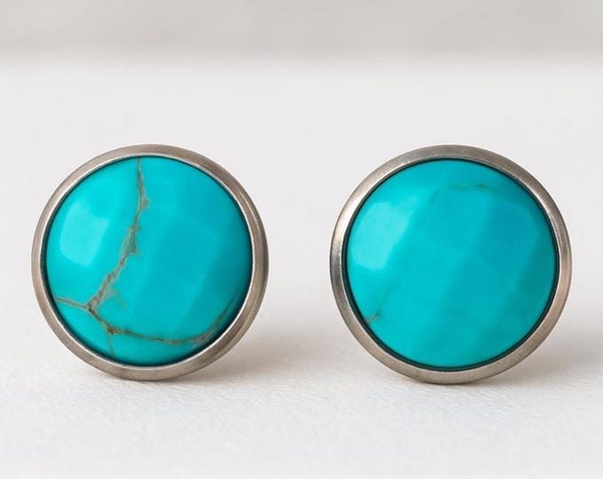 Turquoise Faceted Round Stud 925 Sterling Silver Earrings