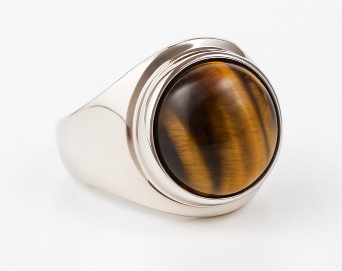 Sterling Silver Natural Tigers Eye Ring • Round Cabochon Gemstone Statement Ring • Vintage Style Brown Golden Cat’s Eye Jewelry Gift for Her