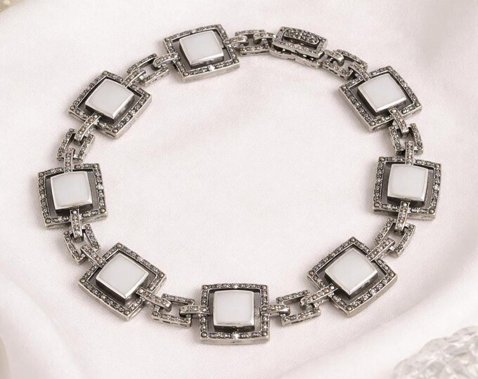 Art Deco Sterling Silver Bracelet, Mother of Pearl & Marcasite
