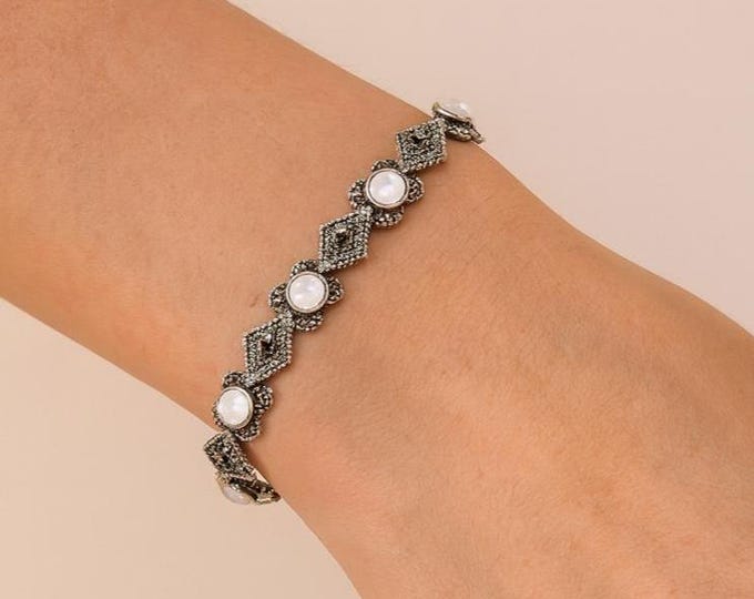 Art Deco Sterling Silver Bracelet: Mother of Pearl & Marcasite