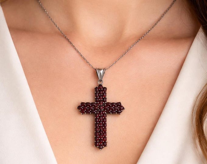 Victorian Style 925 Sterling Silver Garnet and Marcasite Cross Pendant Antique Inspired Gemstone Necklace
