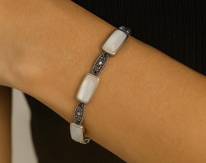 Art Deco Sterling Silver Bracelet, Mother of Pearl & Marcasite