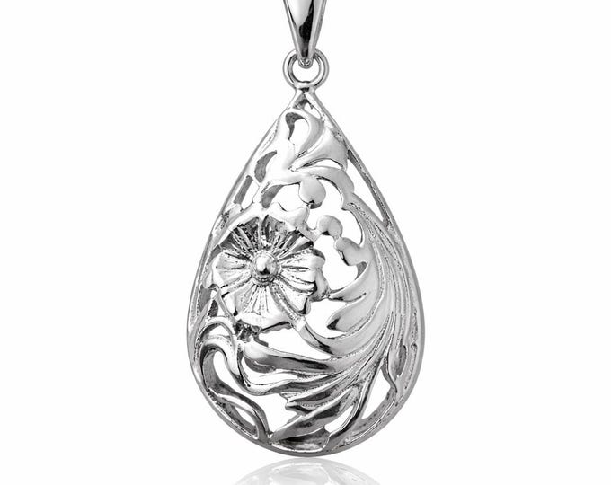 925 Sterling Silver Floral Teardrop Pendant Vintage Inspired Filigree Design