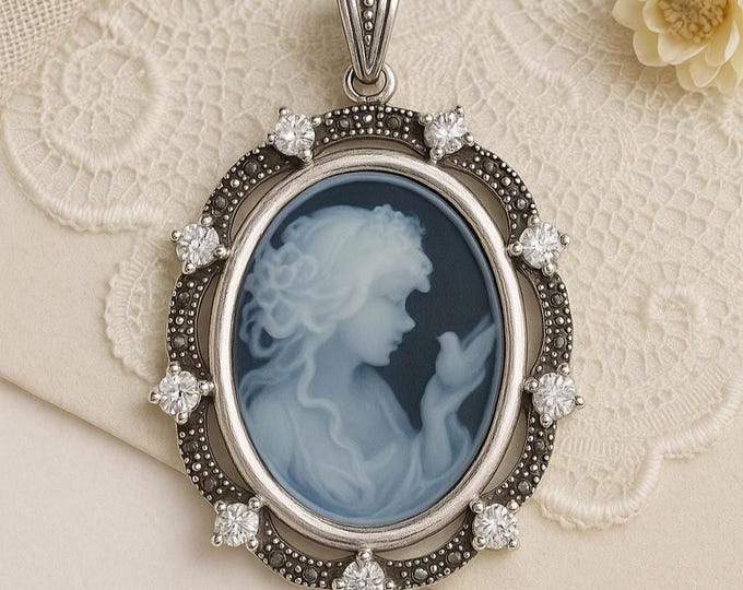 Vintage Style Silver Plated Cameo Pendant Necklace Oval Lady Profile with Marcasite and CZ Accents Victorian Inspired Statement Jewelry