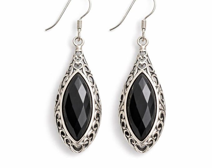 Black Onyx Marquise Drop Earrings 925 Sterling Silver Filigree Dangle Earrings Vintage Style Statement Jewelry for Women