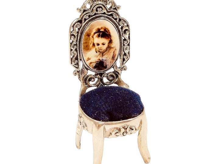 Antique Inspired Collectable Chair Enamel Girl Pin Cushion 925 Sterling Silver