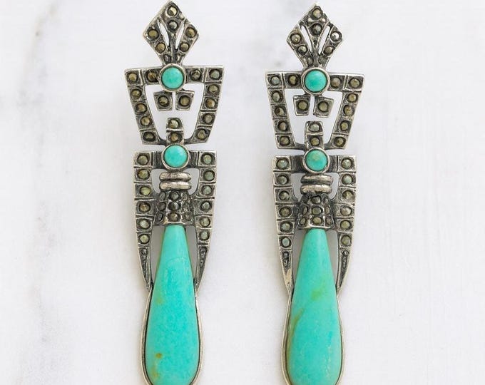 Vintage Art Deco Sterling Silver Marcasite Drop Dangle Earrings, Statement Geometric Design Jewelry