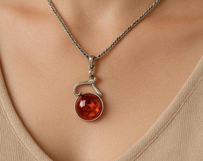 Art Nouveau Inspired Honey Amber Pendant 925 Sterling Silver