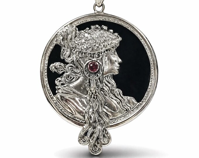 Art Nouveau Lady Onyx Pendant Ruby Gemstone 925 Sterling Silver