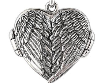 Sterling Silver 925 White Gilson Opal Angel Wings Flying Heart Locket Pendant Necklace