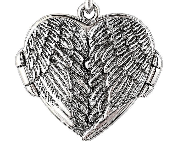 Sterling Silver 925 White Gilson Opal Angel Wings Flying Heart Locket Pendant Necklace