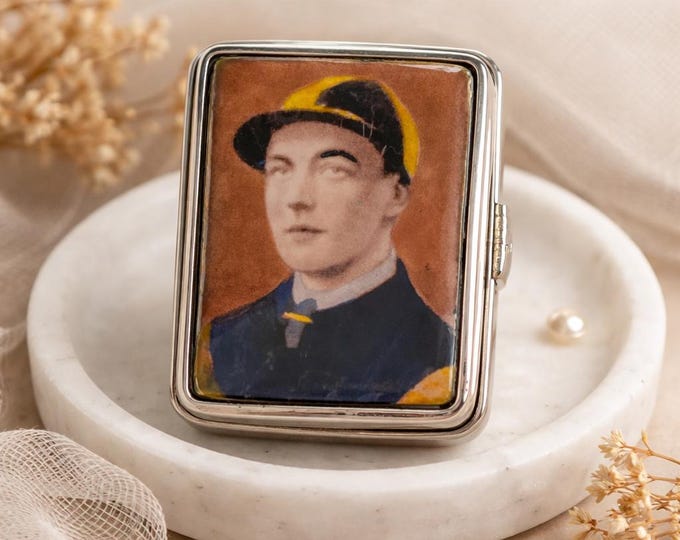 Antique Style 925 Sterling Silver Portrait Pill Box Hand Painted Miniature Gentleman Victorian Style Snuff Box