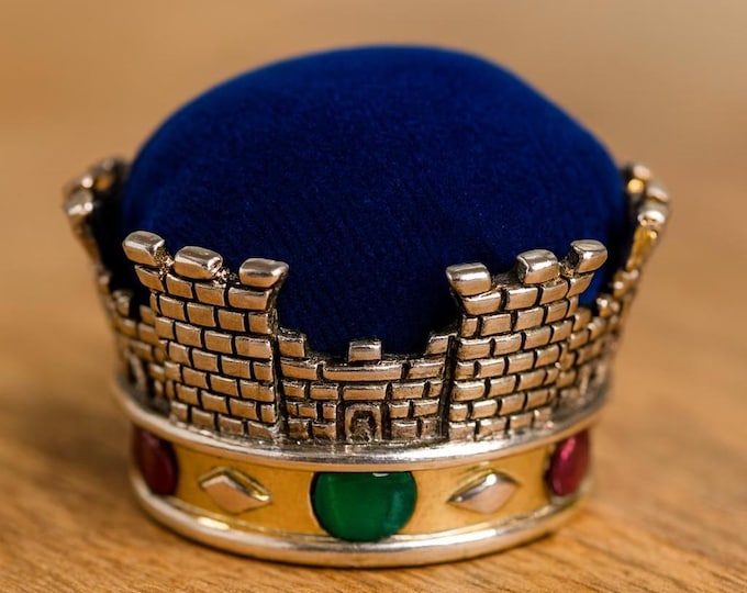 Vintage Silver Plated Crown Pin Cushion with Blue Velvet Top Royal Castle Sewing Pincushion Collectible Needlework Gift