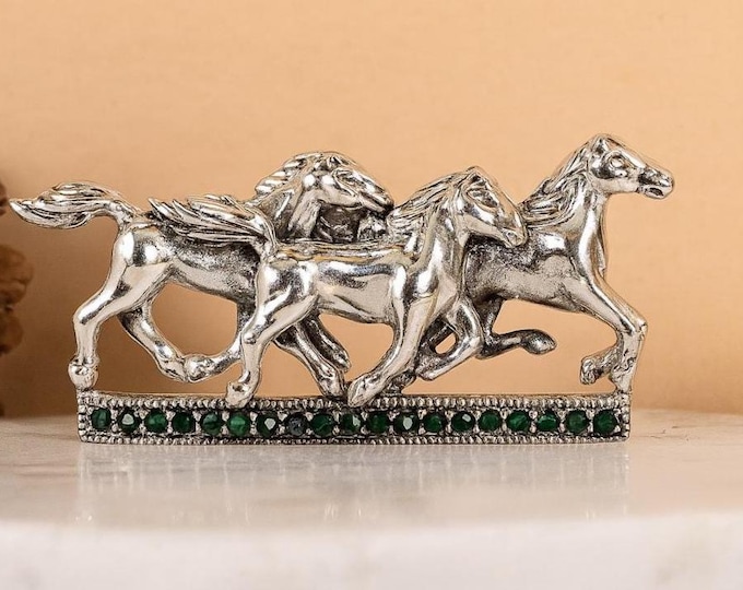 Antique Inspired Ruby and Emerald Three Galloping Horses Brooch 925 Sterling Silver