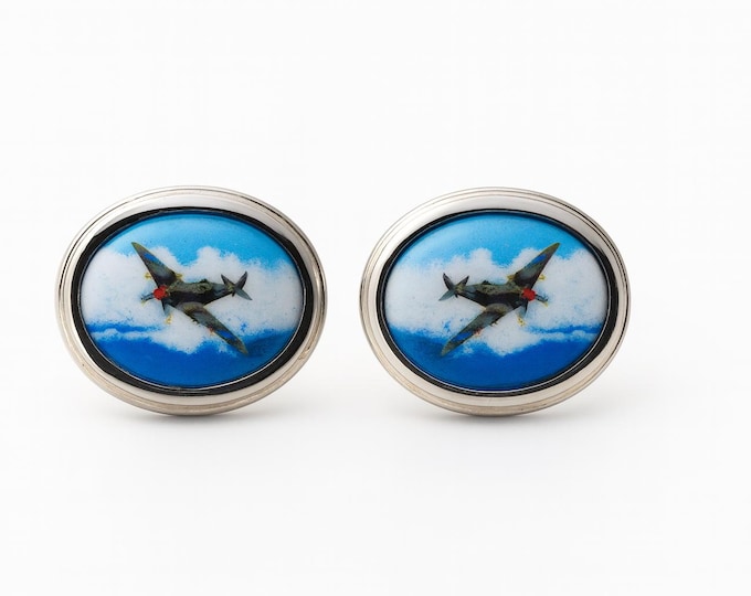 Spitfire Airplane Cufflinks, 925 Sterling Silver, WWII Aviation Jewelry