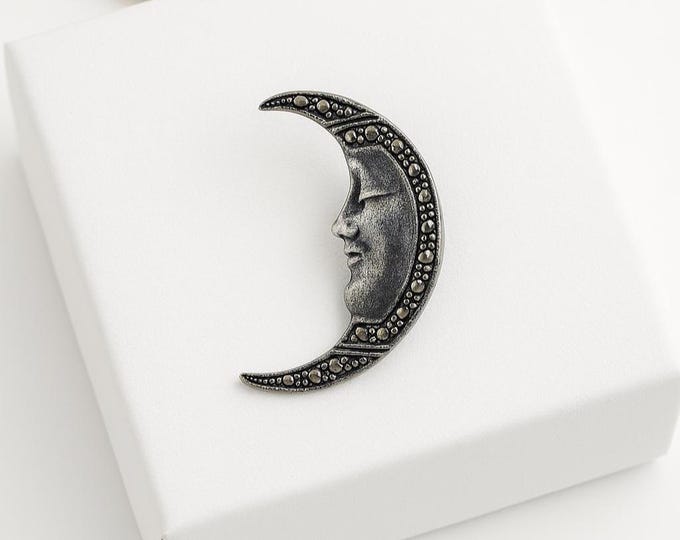 Vintage Crescent Moon Face Brooch 925 Sterling Silver Marcasite Celestial Jewelry, Art Deco Moon Pin, Antique Style Gift for Her