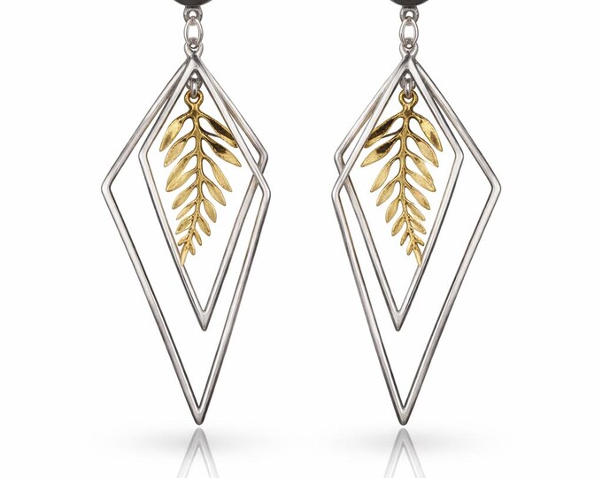Sterling Silver Geometric Leaf Drop Earrings Gold Leaf Dangle Earrings, Modern Statement Jewelry