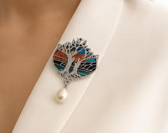 Art Nouveau Inspired Enamel Plique a Jour Tree Pearl Pendant Brooch 925 Sterling Silver