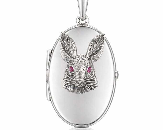 925 Silver Plate Ruby Rabbit Locket Pendant, Engraved Rabbit Necklace