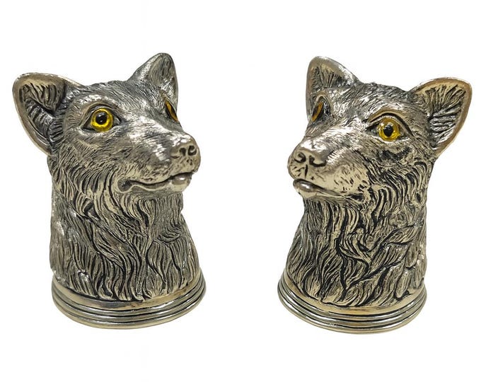 Antique Style Dog with Glass Eyes Salt and Pepper Shakers 925 Sterling Silver Plate