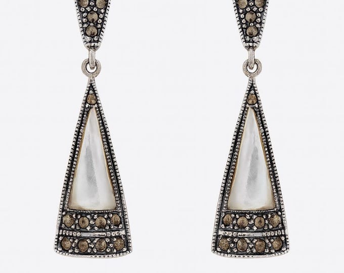 Art Deco Inspired Mother of Pearl, Abalone Shell and Marcasite 925 Sterling Silver Earrings