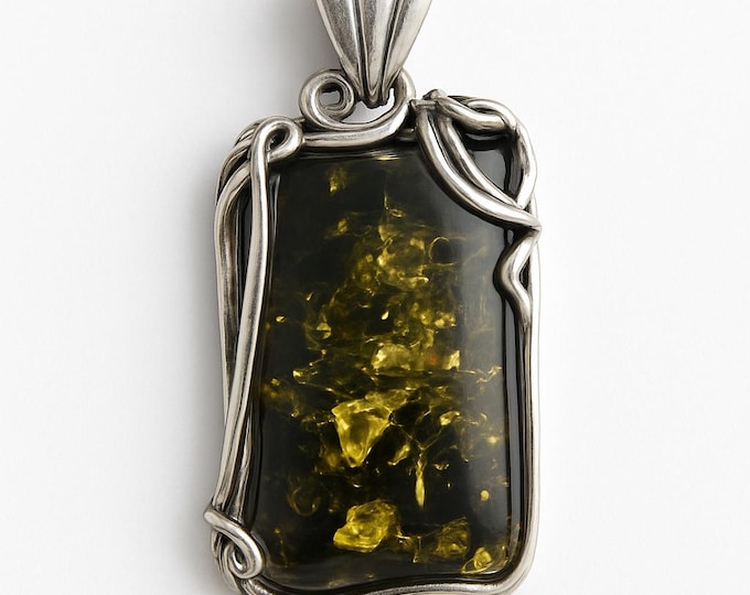 Art Nouveau Inspired Green Amber Leaf Pendant 925 Sterling Silver