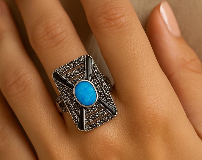 925 Sterling Silver Gilson Opal, Onyx and Marcasite Statement Ring, Vintage Art Deco Filigree Jewelry, Long Boho Cocktail Ring for Women