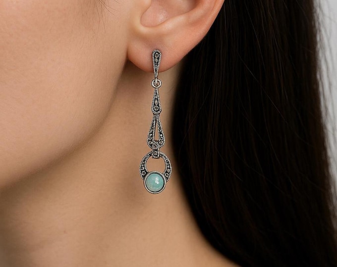 Vintage Art Deco Style 925 Sterling Silver Earrings with Marcasite & Gilson Opal Stones