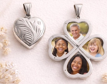 Small 925 Sterling Silver Four Picture Heart Locket Pendant Keepsake Necklace Gift for Her