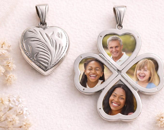 Small 925 Sterling Silver Four Picture Heart Locket Pendant Keepsake Necklace Gift for Her