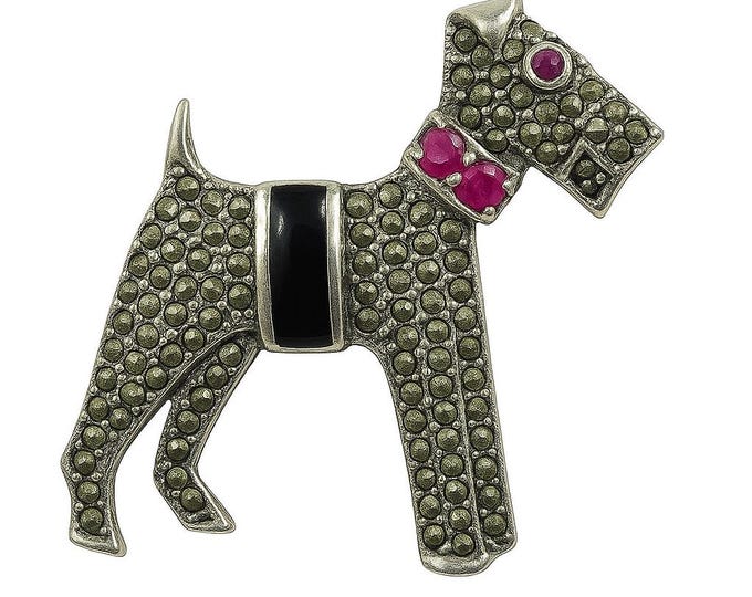 Antique Style Onyx, Ruby and Marcasite Dog Brooch 925 Sterling Silver