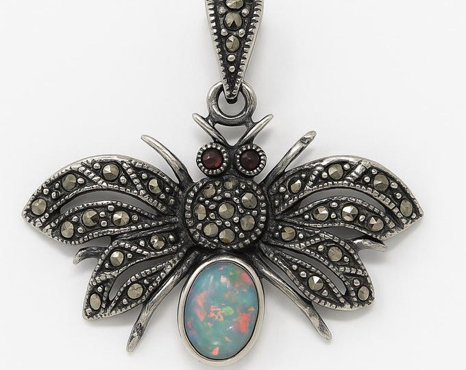 Antique Style Gilson Opal Marcasite Insect Brooch Ruby Eyes 925 Sterling Silver Hallmarked