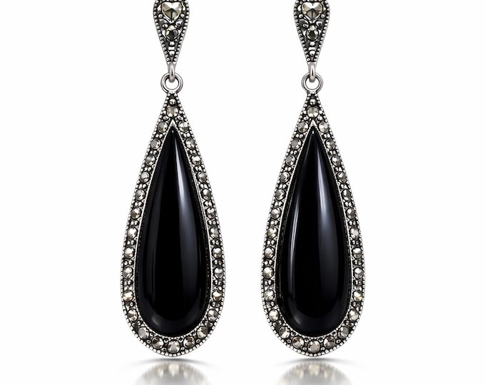 Art Deco Inspired Onyx 925 Sterling Silver Earrings Gift for Her