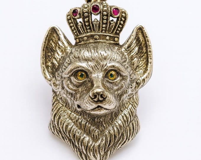 Antique Style Emerald and Ruby Corgi Dog Brooch 925 Sterling Silver