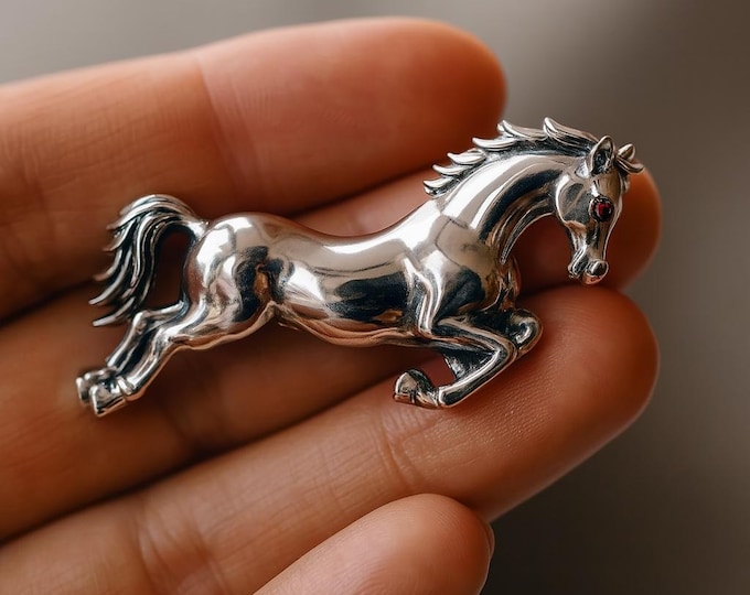 Sterling Silver Horse Brooch Running Stallion Pin with Red Ruby Eye Equestrian Jewelry Gift for Horse Lovers