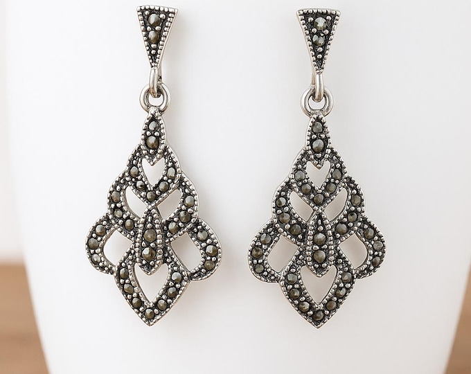Vintage Marcasite Sterling Silver Earrings, Art Deco Filigree Dangle