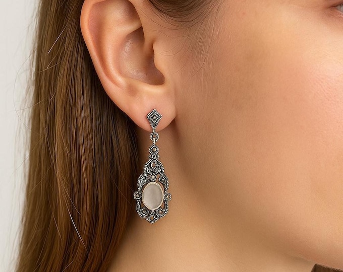 Sterling Silver Filigree Dangle Earrings with Mother of Pearl Oval Stone Vintage Inspired Drop Earrings, Boho Statement Jewelry