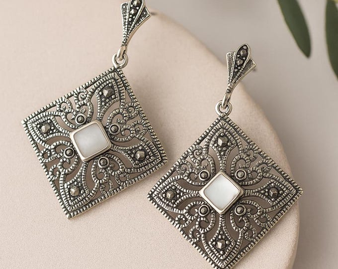 925 Sterling Silver Dangle Earrings with Mother of Pearl and Marcasite Stone Vintage Inspired Drop Earrings, Boho Statement Jewelry