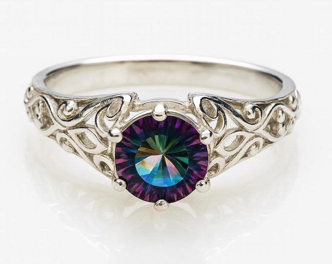 Mystic Topaz Filigree Ring Round Purple Gemstone Statement Cocktail Ring in 925 Sterling Silver, Bold Modern Jewelry Gift for Her