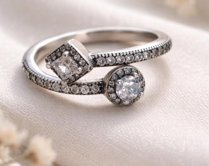 925 Sterling Silver Open Wrap Ring with Round & Square CZ, Halo Set Vintage Statement Ring