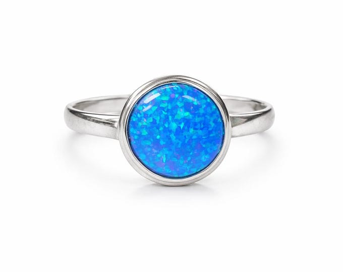 Round Blue Opal Ring, 925 Sterling Silver